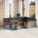 Set de canapea pentru grădină cu 12 piese cu perne gri din ratan polimer și acacia, Set de dining pentru grădină cu 3 piese cu perne gri din ratan pol, vidaXL