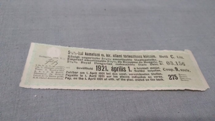CUPOANE /BON DE TREZORERIE CU REDUCERE 1921 UNGARIA