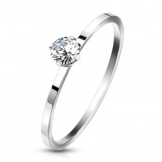 Inel de logodnă din oțel de culoare argintie - zirconiu transparent în montură, brațe înguste - Marime inel: 57