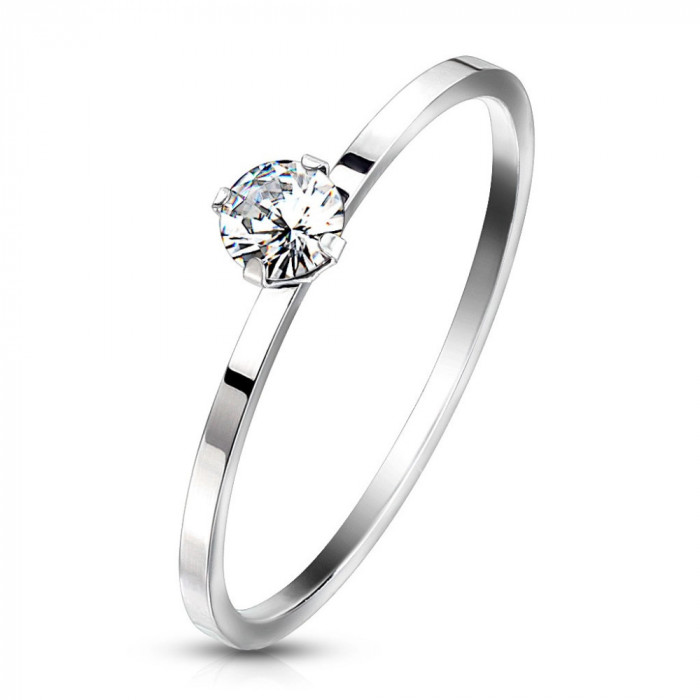 Inel de logodnă din oțel de culoare argintie - zirconiu transparent &icirc;n montură, brațe &icirc;nguste - Marime inel: 52