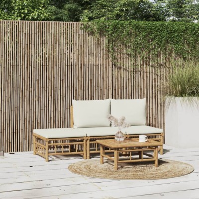 vidaXL Set mobilier de grădină, cu perne alb crem, 4 piese, bambus 3155203 foto