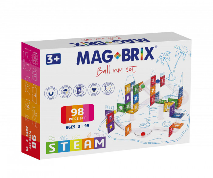 Set magnetic Magblox - 98 piese, circuit cu bile - Magbrix Marble Run
