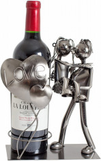 Suport din Metal pentru Sticla de Vin, model Cuplu de Indragostiti, cu Inimii Love, Argintiu Negru, capacitate 1 Sticla, H 24cm, L19 cm foto