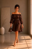 Rochie maro din satin cu maneci bufante