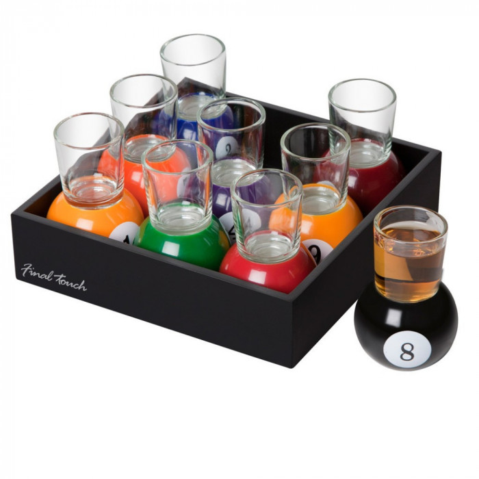 Set 9 pahare de shot Flippy, cu suport tip bila de biliard, detasabil, 30 ml, din sticla, 17 x 17 x 10 cm, multicolor