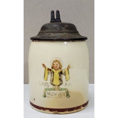 HALBA DE BERE, CERAMICA CU CAPAC DIN METAL , MINIATURA , BAVARIA , CCA. 1900