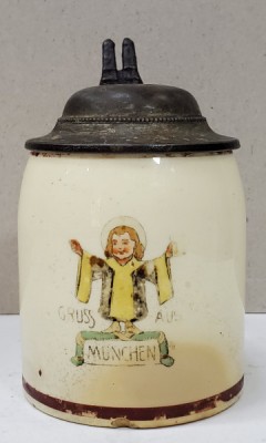 HALBA DE BERE, CERAMICA CU CAPAC DIN METAL , MINIATURA , BAVARIA , CCA. 1900 foto