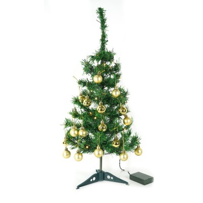 Brad artificial impodobit, instalatie luminoasa 20 led alb cald + 20 globuri aurii, 60 cm, verde foto