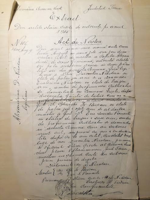 Extract Act naștere 1905, Liești, Tecuci, Alexandrina Nicolau