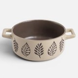 Bol pentru supă New Bone, 580 ml, Bej cu interior maro, cu m&acirc;ner și decor frunze &icirc;n relief, CMCLASS