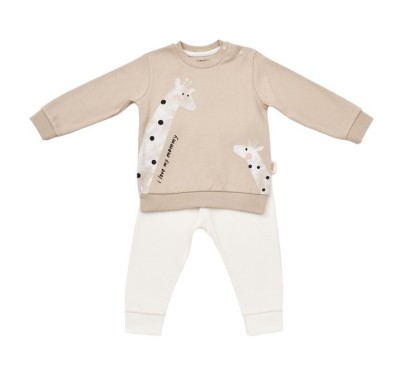 Set bluzita cu maneca lunga si pantaloni lungi cu buline Girafa, BabyCosy, 100% bumbac organic, Mink (Marime: 6-9 luni) foto