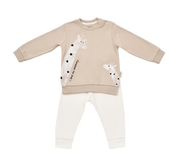 Set bluzita cu maneca lunga si pantaloni lungi cu buline Girafa, BabyCosy, 100% bumbac organic, Mink (Marime: 6-9 luni)