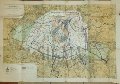 HARTA PARIS , PLAN GENERAL DES CONDUITES D &amp;#039; ALIMENTATION DES RESERVOIRS DE LA VILLE , 75 X 110 CM foto