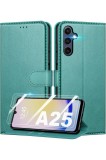 Husă Samsung Galaxy A25 5G + 2 bucăți folie de protecție ecran din sticlă temperată, blocare RFID din PU premium