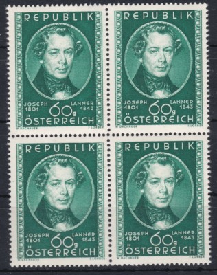 AUSTRIA 1951 - ANIVERSARARE , COMPOZITORI , J. LANNER , BLOC DE 4 NESTAMPILAT foto
