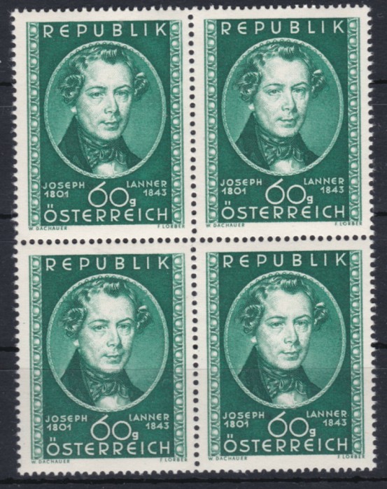 AUSTRIA 1951 - ANIVERSARARE , COMPOZITORI , J. LANNER , BLOC DE 4 NESTAMPILAT