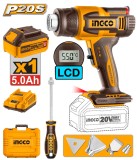 Pistol de Aer Cald 20V 30-550&deg;C cu Afisaj LCD Debit 100-200L/min Acumulator 5.0Ah HGLI20035 &ndash; suflanta aer cald profesionala reglabila