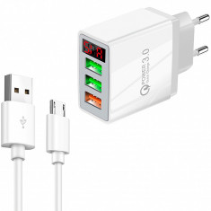 Incarcator Retea cu cablu MicroUSB OEM QC-07A, Quick Charge, Afisaj, 30W, 3 x USB, Alb