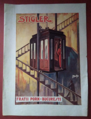 Reclamă ASCENSOARE STIGLER &amp;Icirc;N ROM&amp;Acirc;NIA - Frații Porn București, anii 1930 foto