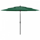Umbrelă de soare 3 niveluri, st&acirc;lp de aluminiu, verde, 3 m, vidaXL