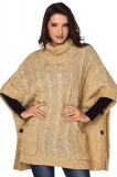 Pulover Dama Tricotat Poncho Khaki cu Buzunare Maxi si Nasturi Laterali, Stil Modern