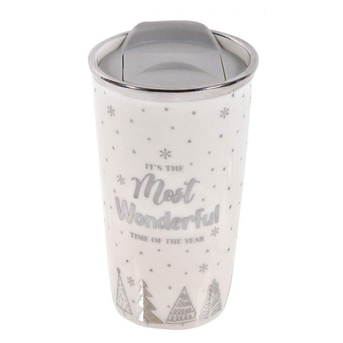 Pahar Crăciun, New Bone, Alb cu Brazi Argintii și Fulgi, Capac Plastic, Cu Mesaj &quot;It&#039;s the most wonderful time of the year&quot;, Capacitate 475 ml