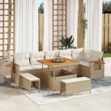 Set canapea grădină vidaXL 9 piese cu perne Bej Ratan Acacia, Set dining grădină vidaXL 3 piese cu perne Bej Ratan Acacia
