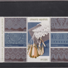SPANIA 1989 ARTA SPANIOLA - DANTELE Serie de 6 timbre cu 3 viniete in bloc MNH**