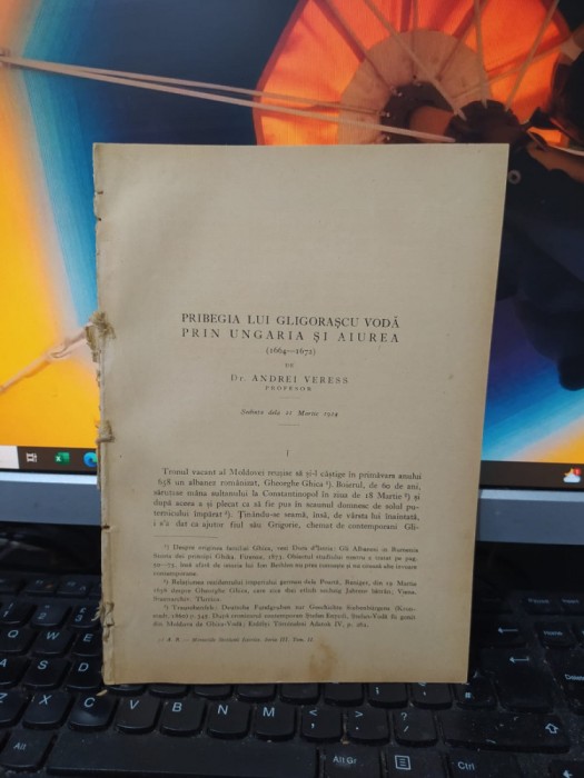 Andrei Veress, Pribegia lui Gligorașcu Vodă prin Ungaria și aiurea, 1924, 182