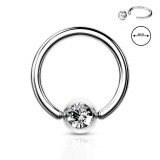 Piercing pentru spr&acirc;ncene, din oțel 316L &ndash; inel cu un cristal transparent &icirc;ntr-o lunetă rotundă, 0,8 mm, diametru 6 mm