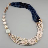 Cumpara ieftin Colier Argint 925 placat aur roz, Acvamarin Multicolor, Agat Albastru Safir, Perle Cultura 50cm, Made in Italy