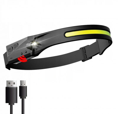 Lanterna de cap cu senzor de miscare, reincarcabila, rezistent la apa, cablu USB de incarcare, 5 moduri, negru foto