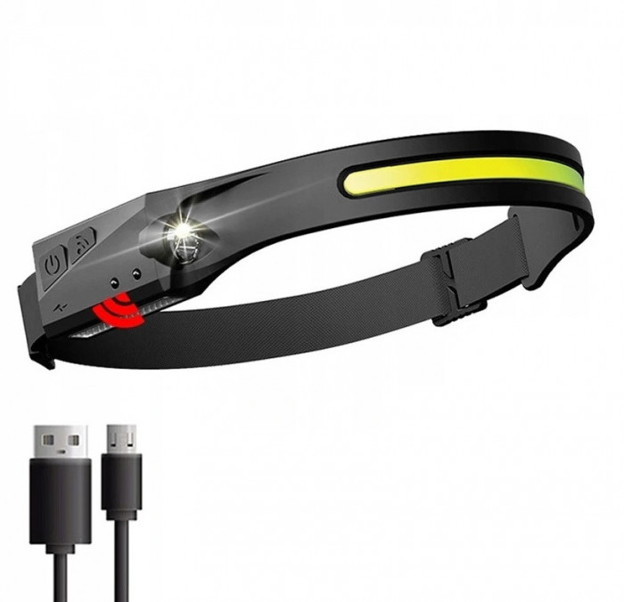 Lanterna de cap cu senzor de miscare, reincarcabila, rezistent la apa, cablu USB de incarcare, 5 moduri, negru