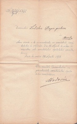 A3852N Iosif Hodoș, semnătura olografă pe numirea ca membru &amp;icirc;n comitetul spitalului comitatens Zarand a lui Ladislau Papp, pretor &amp;icirc;n Brad, 1872 foto