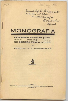 N.V Hodoroaba,Monografia parohiei Atanasie si Kiril,dedicatie pt. Gh.Ghibanescu foto