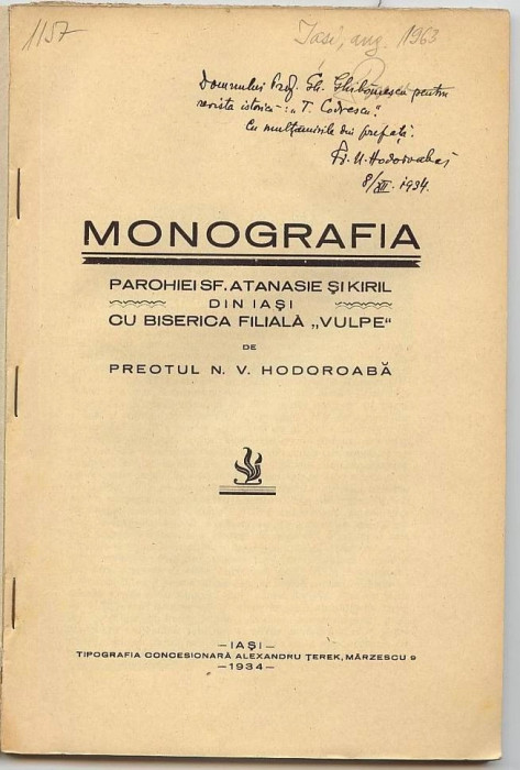 N.V Hodoroaba,Monografia parohiei Atanasie si Kiril,dedicatie pt. Gh.Ghibanescu