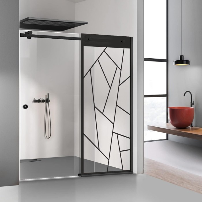 Paravan dus cu usa glisanta Glissando Black, model Atlas negru, sticla clara securizata, pentru nisa cu latime intre 140-150x205 cm