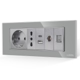 Cumpara ieftin Priza Schuko cu USB, TV si Internet, rama din sticla Luxion 6M gri