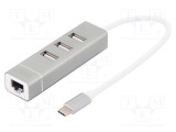 Hub USB 2.0 DIGITUS cu 3 porturi USB A, 1 port RJ45 și USB C, gri, PnP