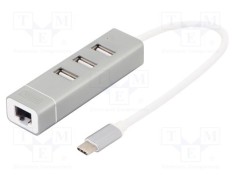 Hub USB 2.0 DIGITUS cu 3 porturi USB A, 1 port RJ45 și USB C, gri, PnP