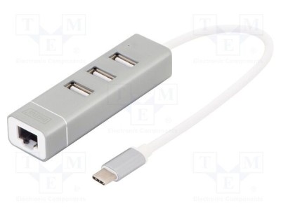 Hub USB 2.0 DIGITUS cu 3 porturi USB A, 1 port RJ45 și USB C, gri, PnP foto