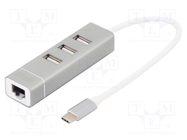 Hub USB 2.0 DIGITUS cu 3 porturi USB A, 1 port RJ45 și USB C, gri, PnP