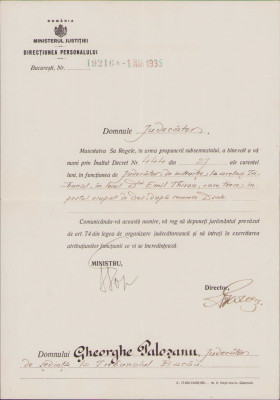 HST 203S Semnătura olografă Valer Pop 1935 numire judecător Bacău foto