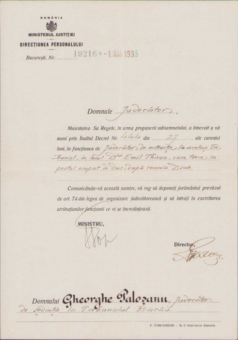 HST 203S Semnătura olografă Valer Pop 1935 numire judecător Bacău