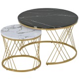 Set de Măsuțe de Cafea Moderne cu &Icirc;mbinare, Măsuțe cu Finisaj Efect de Marmură și Structură Metalică Aurie, 70x70x45 cm și 45x45x40 cm, Negru