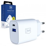Incarcator Retea 3MK FlowPower, 25W, 1 x USB-A - 1 x USB-C, Alb