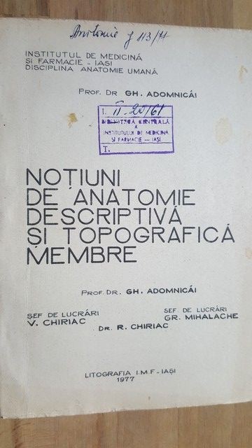 Notiuni de anatomie descriptiva si topografica- Gh. Adomnicai