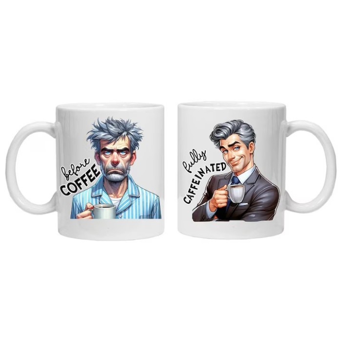 Cana alba personalizata &quot;inainte si dupa cafea - model 2&quot;, INOVATIX&reg;️. 330ml