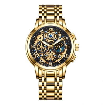 Ceas barbatesc Lige Auriu Afisare data Analog Quartz Cadran Negru foto