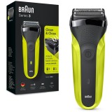 Aparat de ras Braun Series 3 300s, Wet&amp;amp;Dry, 3-Flex Blades, maner ergonomic, autonomie 30 min, Negru/Verde